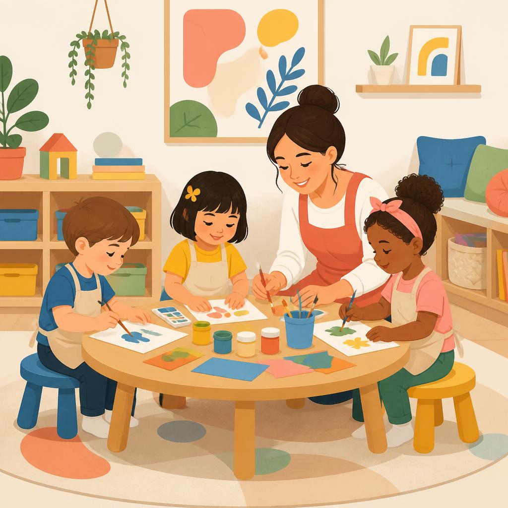 Children painting and creating crafts with a teacher at a preschool activity table